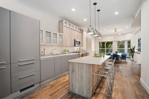 Dining room, Interior, Kitchen, Pendant Lights, Recessed Lighting, Wood Texture Flooring