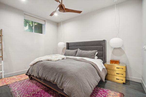 Bedroom, Interior, Pendant Lights, Recessed Lighting, Wood Texture Flooring
