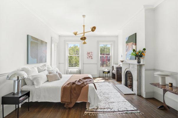Bedroom, Fireplace, Interior, Pendant Lights, Wood Texture Flooring