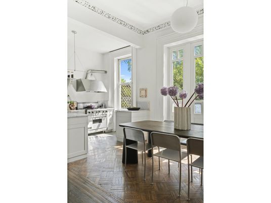 Dining room, Interior, Kitchen, Pendant Lights, Stainless Steel Appliances, Wood Texture Flooring