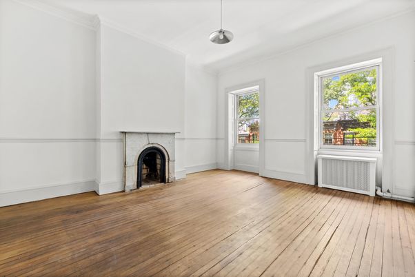 Empty room, Fireplace, Interior, Pendant Lights, Wood Texture Flooring