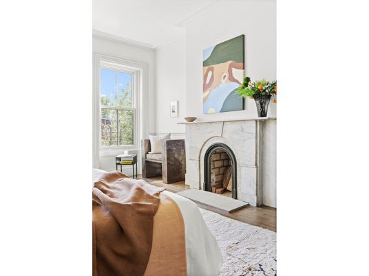 Bedroom, Fireplace, Interior, Wood Texture Flooring