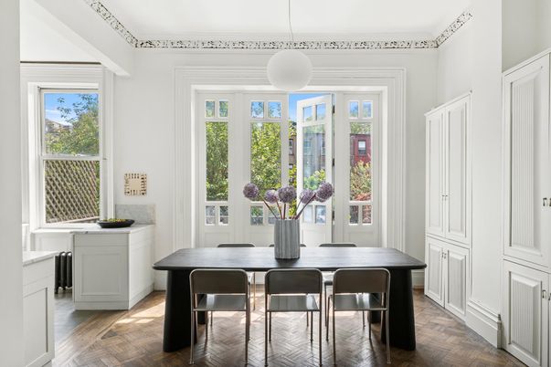 Dining room, Interior, Pendant Lights, Wood Texture Flooring