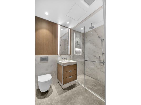 Bathroom, Glass Shower, Interior, Marble Walls, Recessed Lighting