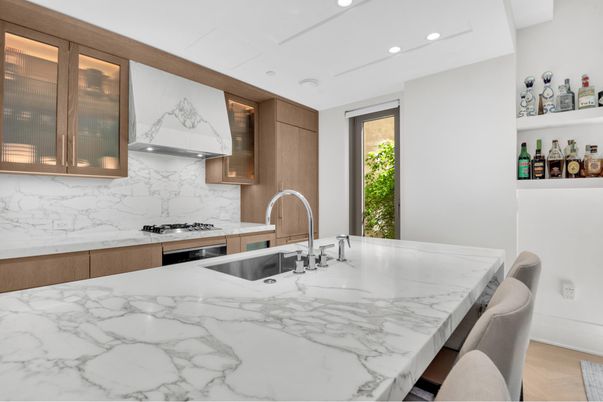 Interior, Kitchen, Marble Walls, Recessed Lighting, Stainless Steel Appliances