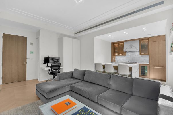 Interior, Kitchen, Living room, Marble Walls, Recessed Lighting, Wood Texture Flooring