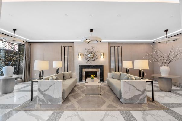 Fireplace, Interior, Living room, Marble, Pendant Lights, Recessed Lighting