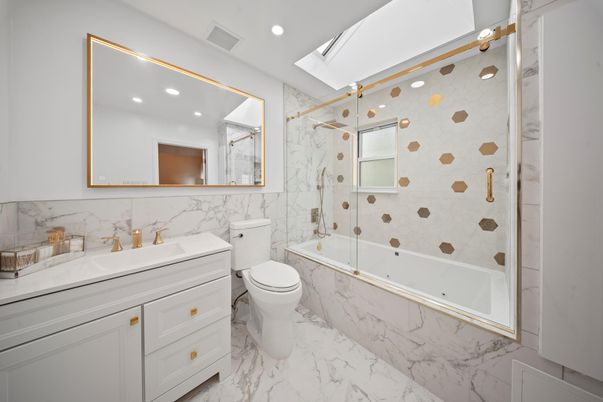 Bathroom, Glass Shower, Interior, Marble, Marble Walls, Recessed Lighting