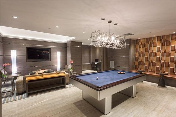 Billiard Table, Game Room, Interior, Pendant Lights, Recessed Lighting, Wood Texture Flooring