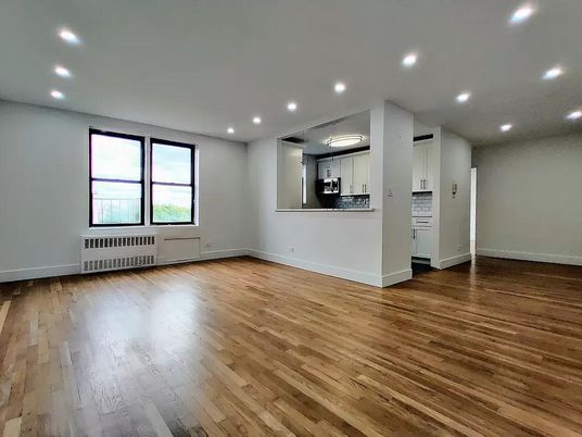 Empty room, Interior, Kitchen, Recessed Lighting, Wood Texture Flooring