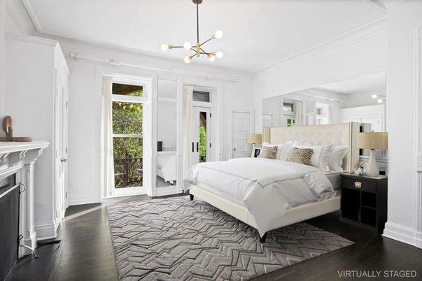 Bedroom, Fireplace, Interior, Pendant Lights, Wood Texture Flooring