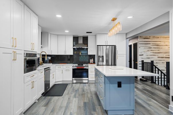 Chandelier, Interior, Kitchen, Recessed Lighting, Stainless Steel Appliances, Wood Texture Flooring