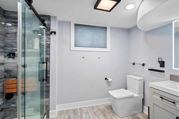 Bathroom, Glass Shower, Interior, Recessed Lighting, Wood Texture Flooring