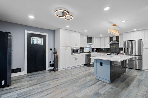 Chandelier, Interior, Kitchen, Recessed Lighting, Stainless Steel Appliances, Wood Texture Flooring