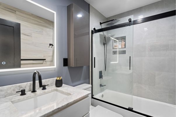 Bathroom, Glass Shower, Interior, Marble Walls, Recessed Lighting