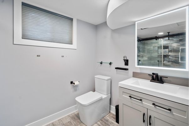 Bathroom, Glass Shower, Interior, Wood Texture Flooring