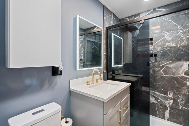 Bathroom, Glass Shower, Interior, Marble Walls, Recessed Lighting