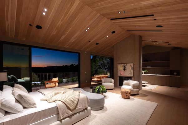 Bedroom, Interior, Recessed Lighting, Wooden Ceilings, Wood Texture Flooring