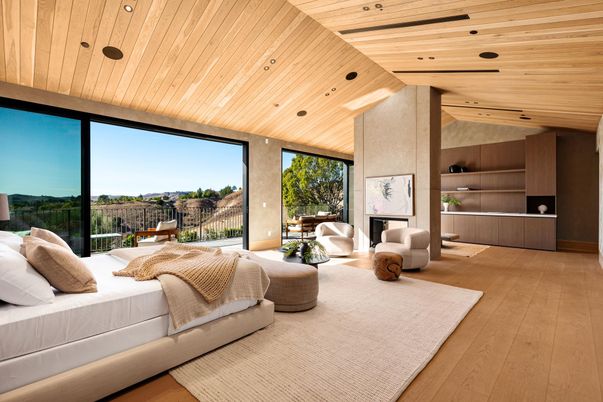 Bedroom, Interior, Recessed Lighting, Wooden Ceilings, Wood Texture Flooring
