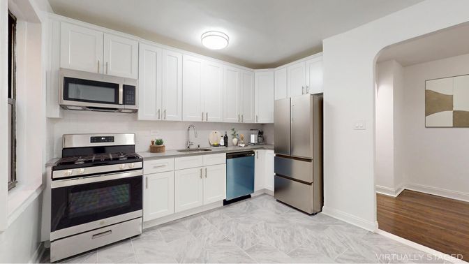 Interior, Kitchen, Marble, Stainless Steel Appliances, Wood Texture Flooring