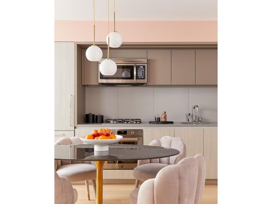 Dining room, Interior, Kitchen, Pendant Lights, Stainless Steel Appliances, Wood Texture Flooring