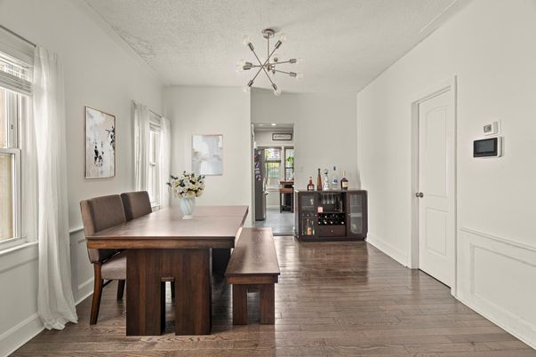 Dining room, Interior, Pendant Lights, Wood Texture Flooring