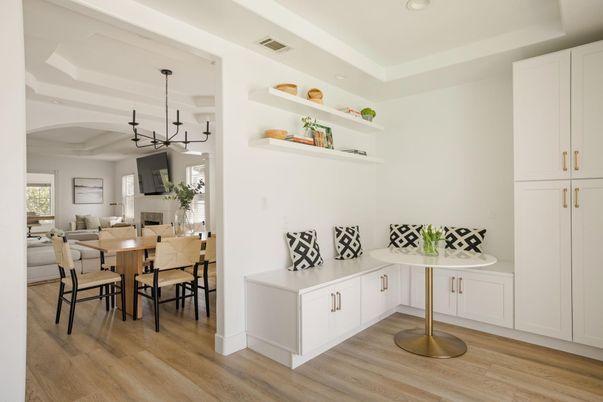 Dining room, Interior, Pendant Lights, Wood Texture Flooring