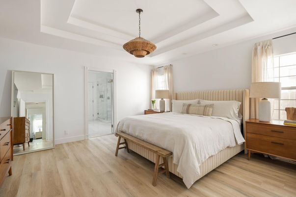 Bedroom, Interior, Pendant Lights, Wood Texture Flooring