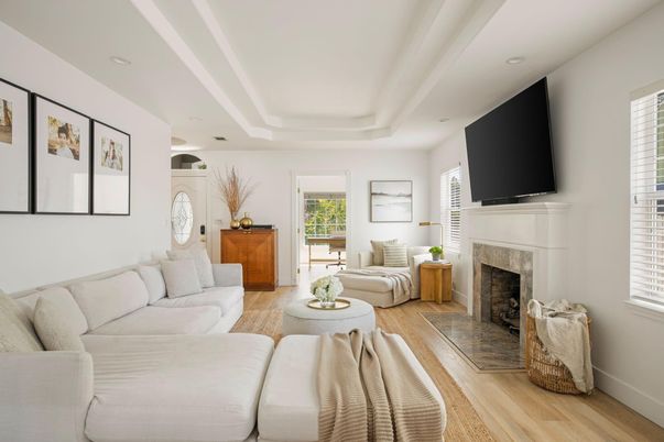 Fireplace, Interior, Living room, Recessed Lighting, Wood Texture Flooring