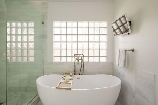 Bathroom, Free Standing Baths, Glass Shower, Interior, Marble Walls