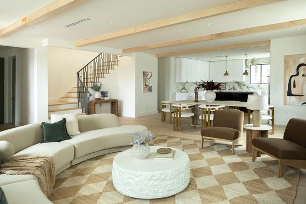 Dining room, Interior, Living room, Recessed Lighting, Wooden Beams