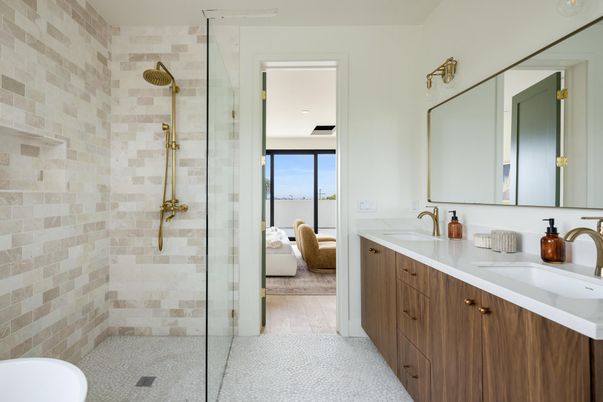 Bathroom, Dual Sink Vanities, Glass Shower, Interior, Recessed Lighting, Stone Walls