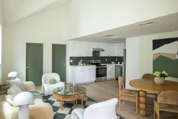 Dining room, Interior, Kitchen, Living room, Stainless Steel Appliances, Wood Texture Flooring