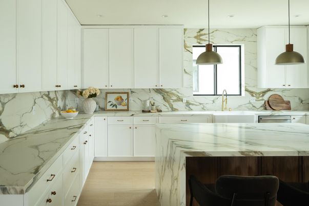 Interior, Kitchen, Marble Walls, Pendant Lights, Recessed Lighting, Wood Texture Flooring