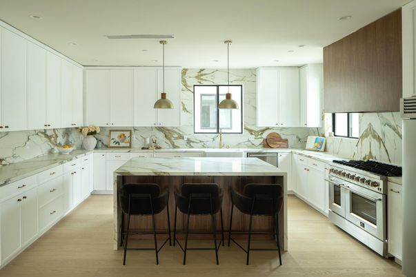 Interior, Kitchen, Marble Walls, Pendant Lights, Recessed Lighting, Stainless Steel Appliances, Wood Texture Flooring