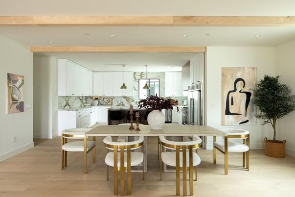 Dining room, Interior, Kitchen, Recessed Lighting, Stainless Steel Appliances, Wooden Beams, Wood Texture Flooring