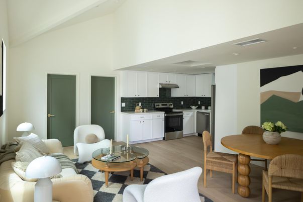 Dining room, Interior, Kitchen, Living room, Recessed Lighting, Stainless Steel Appliances, Wood Texture Flooring