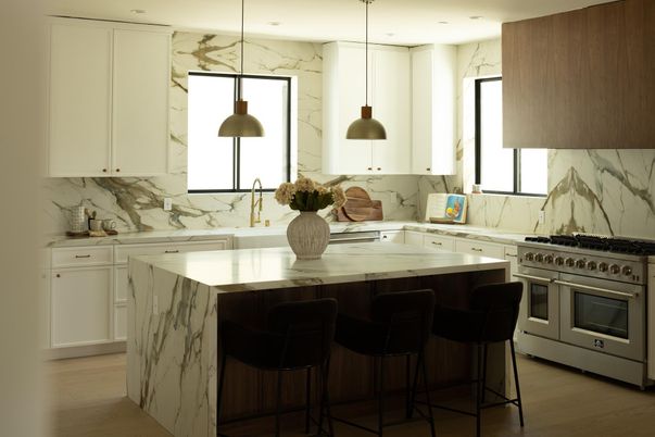 Interior, Kitchen, Marble Walls, Pendant Lights, Recessed Lighting, Stainless Steel Appliances, Wood Texture Flooring