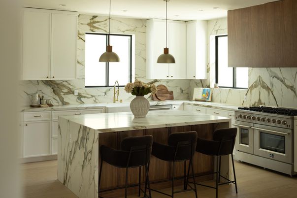 Interior, Kitchen, Marble Walls, Pendant Lights, Recessed Lighting, Stainless Steel Appliances, Wood Texture Flooring