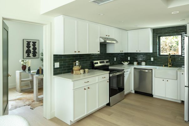 Interior, Kitchen, Recessed Lighting, Stainless Steel Appliances, Wood Texture Flooring
