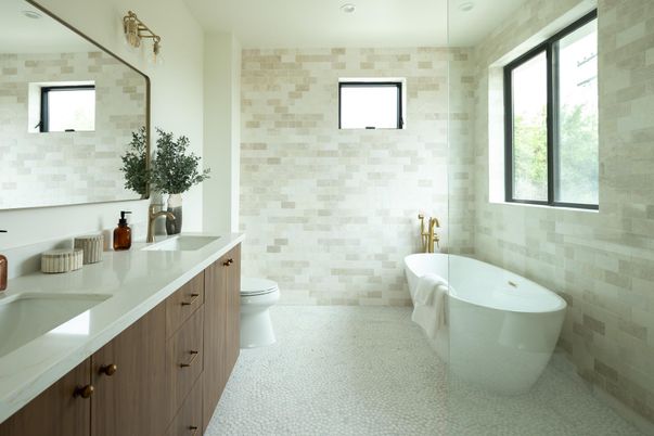 Bathroom, Dual Sink Vanities, Free Standing Baths, Interior, Recessed Lighting, Stone Walls