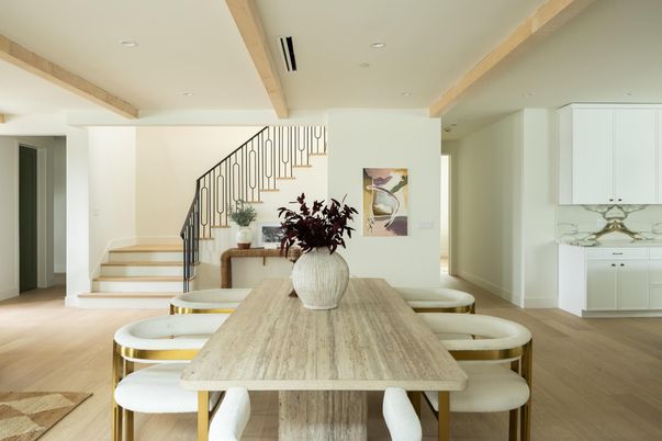 Dining room, Interior, Recessed Lighting, Wood Texture Flooring