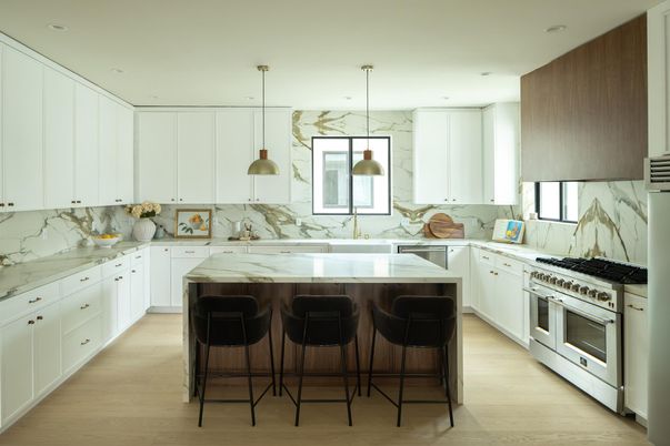 Interior, Kitchen, Marble Walls, Pendant Lights, Recessed Lighting, Stainless Steel Appliances, Wood Texture Flooring