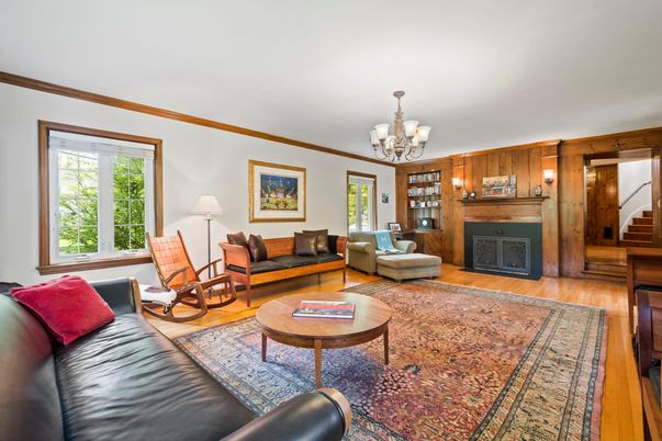 Chandelier, Fireplace, Interior, Living room, Wood Texture Flooring, Wooden Walls
