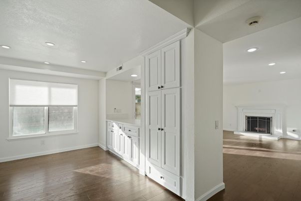 Empty room, Fireplace, Interior, Recessed Lighting, Wood Texture Flooring