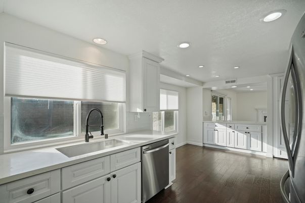 Interior, Kitchen, Recessed Lighting, Stainless Steel Appliances, Wood Texture Flooring
