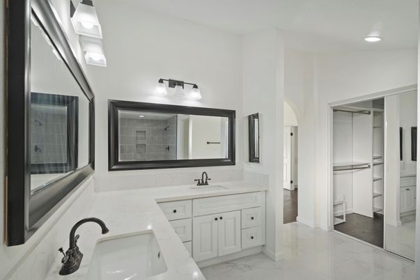 Bathroom, Dual Sink Vanities, Interior, Marble, Recessed Lighting