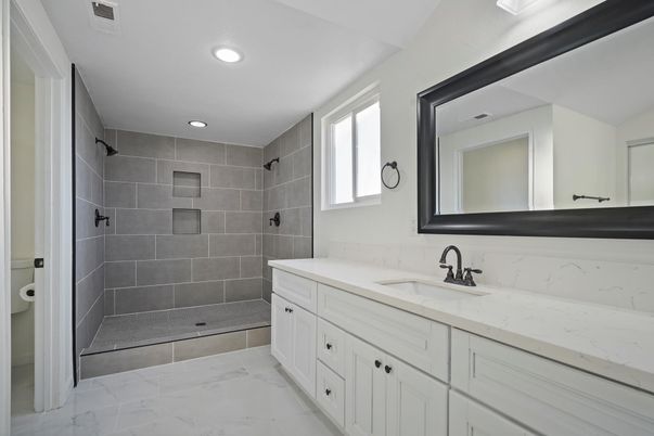 Bathroom, Dual Sink Vanities, Interior, Marble, Recessed Lighting
