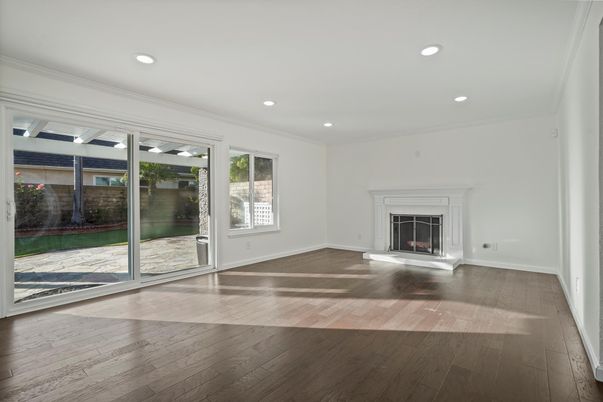 Empty room, Fireplace, Interior, Recessed Lighting, Wood Texture Flooring