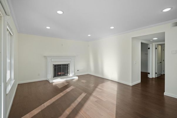 Empty room, Fireplace, Interior, Recessed Lighting, Wood Texture Flooring